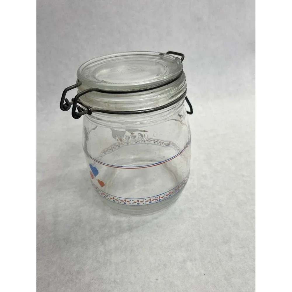 Vintage Arc France Glass Canister Country Goose Hearts Wire Bail Lid Jar 315